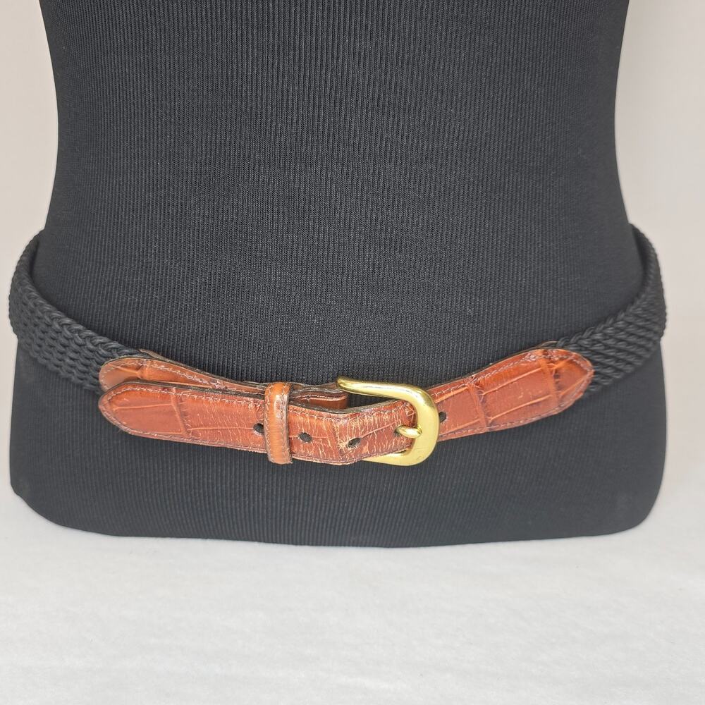 Brighton Black Braided Stretch Cord Belt Croc Leather Solid Brass Buckle 43"